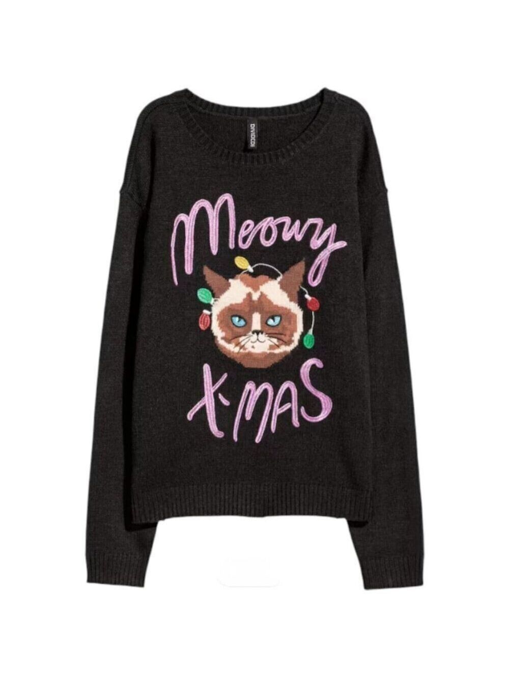 H&M Novelty Embroidered  "Meowy X-Mas" Black Knit Sweater womens sz Medium